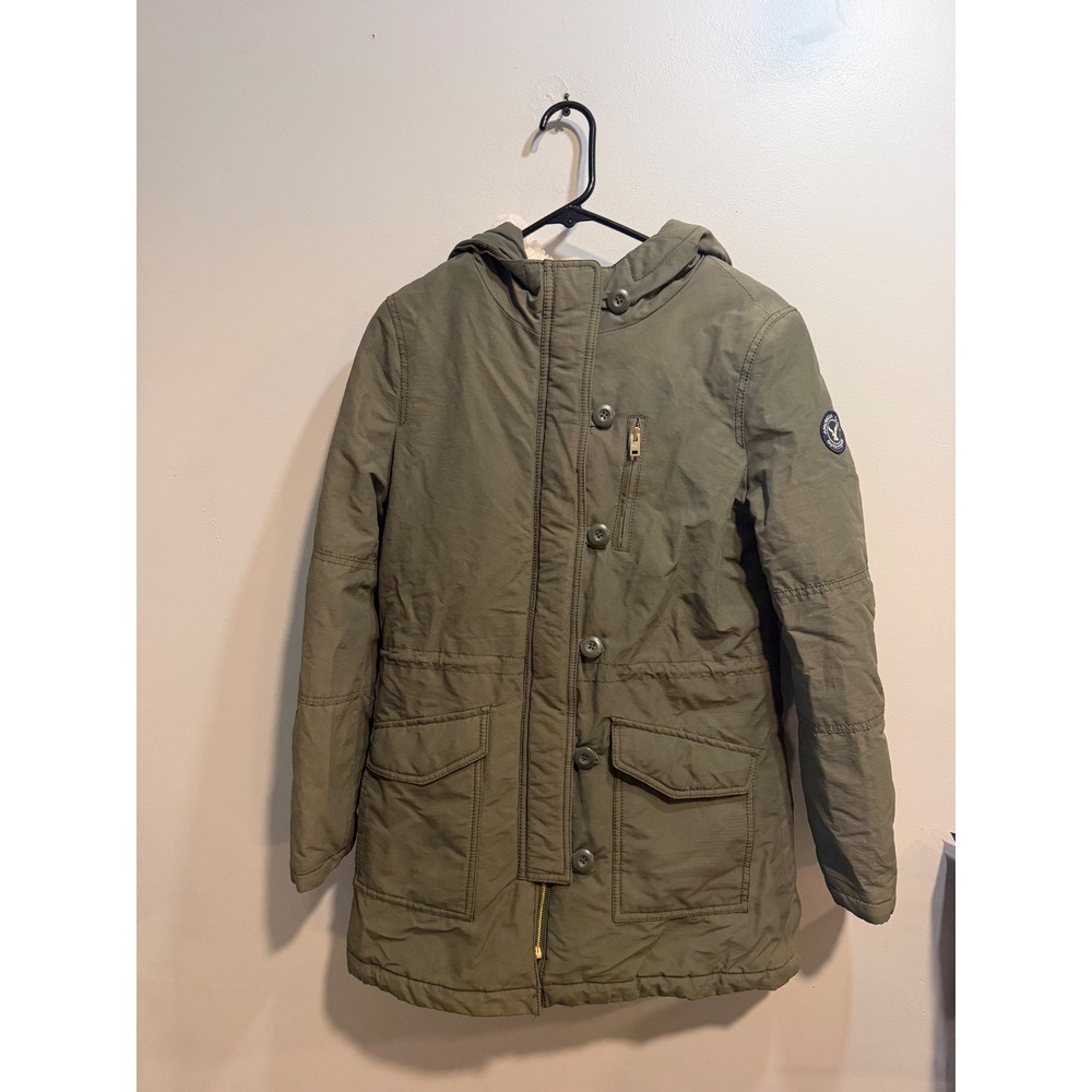 American Eagle Hooded Parka Jacket Olive Green‎ Utility Sherpa Lined Womens S
